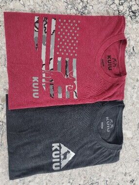 KUIU Charcoal & Maroon Short Sleeve Graphic Tees. One L / One XL